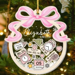 Personalized Baby's First Christmas Shaker Ornament- Coquette Bow Newborn Keepsake