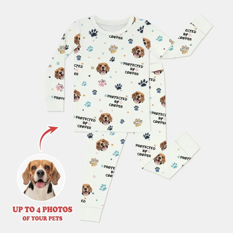 Custom Dog Photo Pattern "Protected By" Pajama , Custom Dog Photo Pattern "Protected By" Pajama - Long Pajama / 12-18M