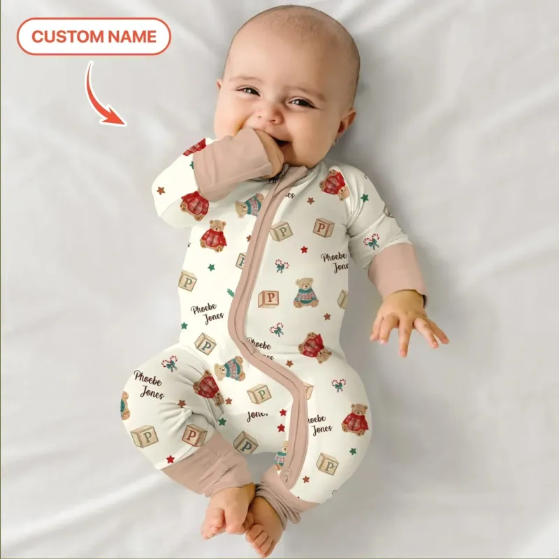 Custom Name Christmas Teddy Bear Convertible Zippy , Custom Name Christmas Teddy Bear Convertible Zippy - 0-3M