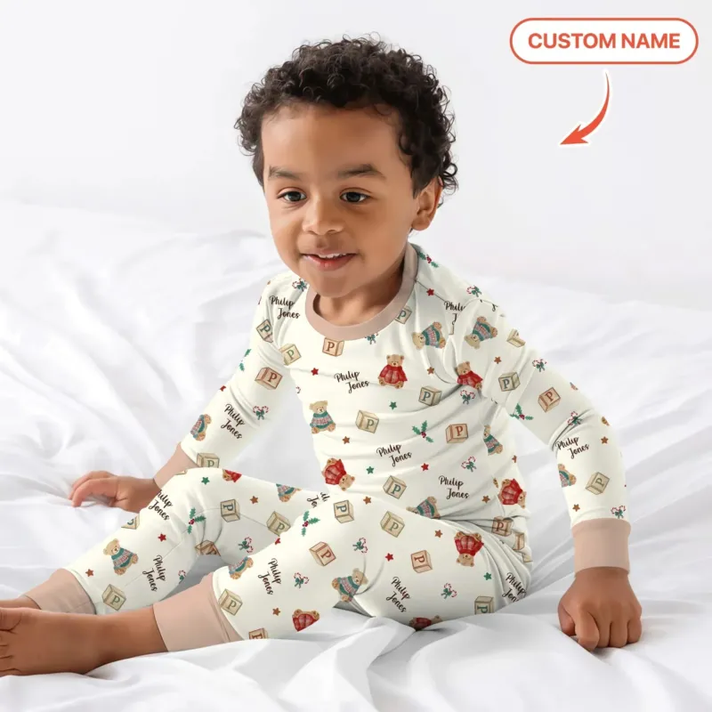 Custom Name Christmas Teddy Bear Two Piece Long Sleeve Pajama Set , Custom Name Christmas Teddy Bear Two Piece Long Sleeve Pajama Set - 12-18M