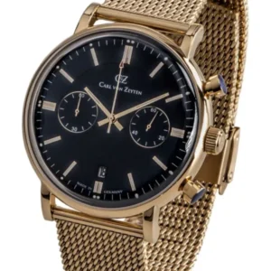 Herren-Chronographenuhr mit schwarzem Zifferblatt, Datumsanzeige und Mesh-Armband in Gold