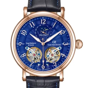 Herrenuhr mit marineblauem Zifferblatt, Roségoldgehäuse, Lederarmband mit blauer Steppung