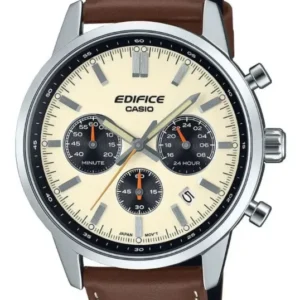 Herren-Chronographuhr: silbernes Gehäuse, braunes Lederarmband, analoges Zifferblatt.