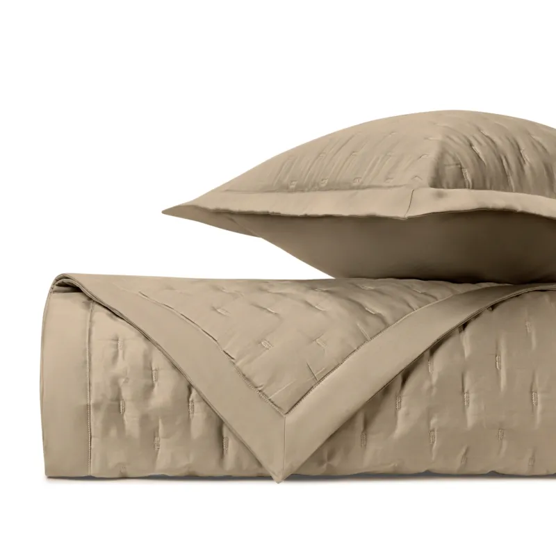 Home Treasures Fil Coupé quilted coverlet set in khaki with textured pattern.