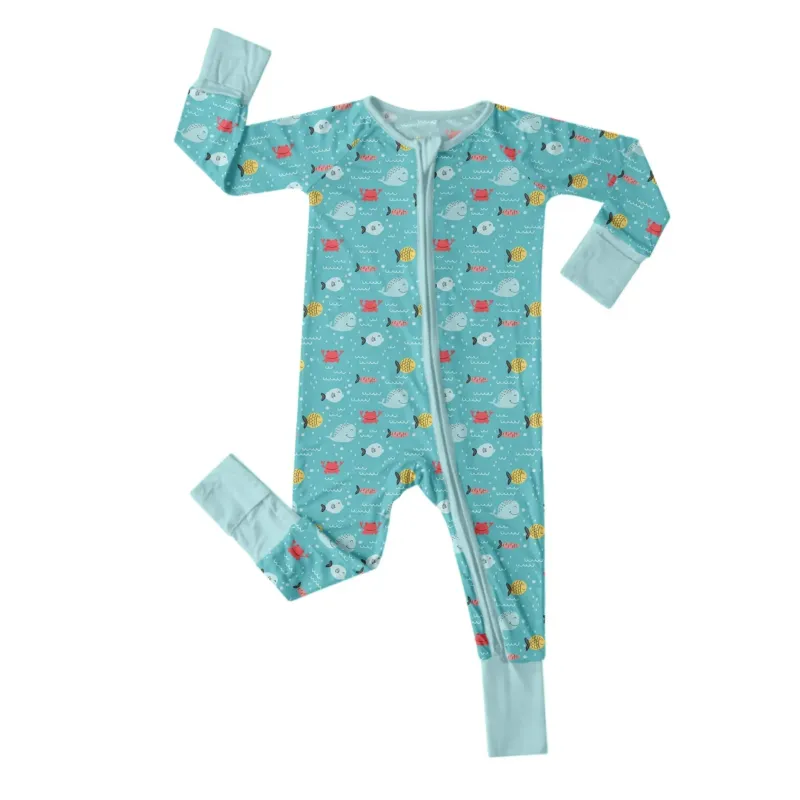 Fishes and Crabs Convertible Zippered Romper , Fishes and Crabs Convertible Zippered Romper - Newborn