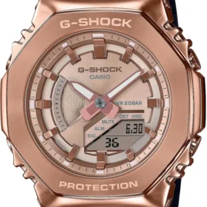 Damenuhr mit roségoldfarbenem Gehäuse, schwarzem Armband und Digitalanzeige