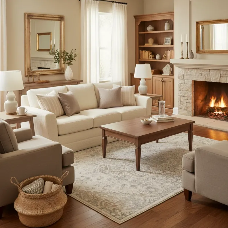 Traditional Persian geometric medallion area rug in cream, ivory, and soft grey tones styled in a family room under a coffee table and sofa — classic neutral design