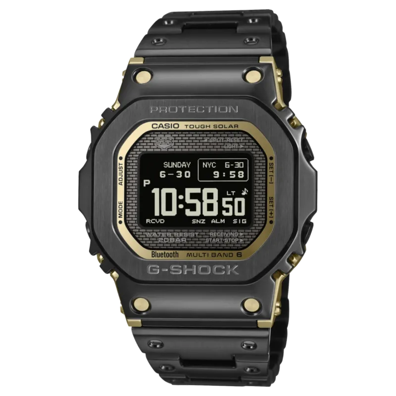 Casio G‑Shock Herrenuhr mit schwarzem Armband und rundem Display, goldfarbene Akzente