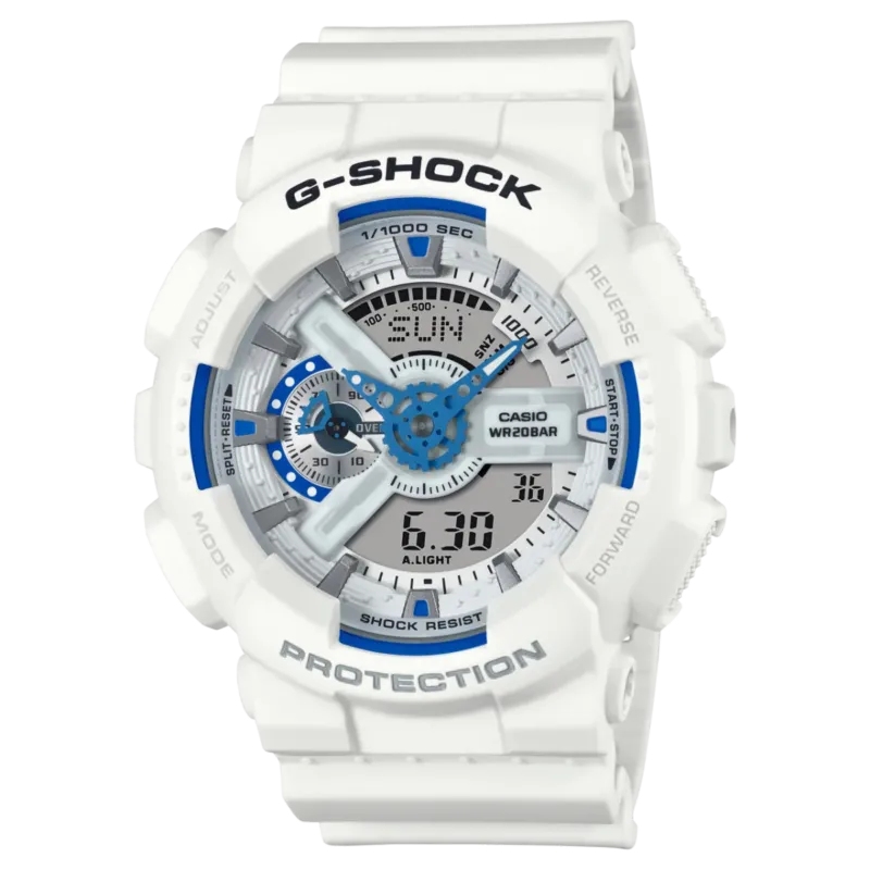 Casio G-Shock GA-110HDS-7AER Herrenuhr, weißes Gehäuse und Armband, blaues Display