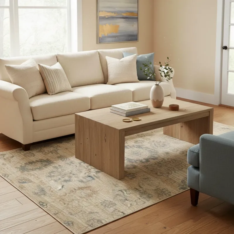 Vintage distressed floral medallion area rug in ivory, cream and soft blue-grey tones with scattered botanical motifs styled in a family room under a coffee table and sofa — classic transitional design