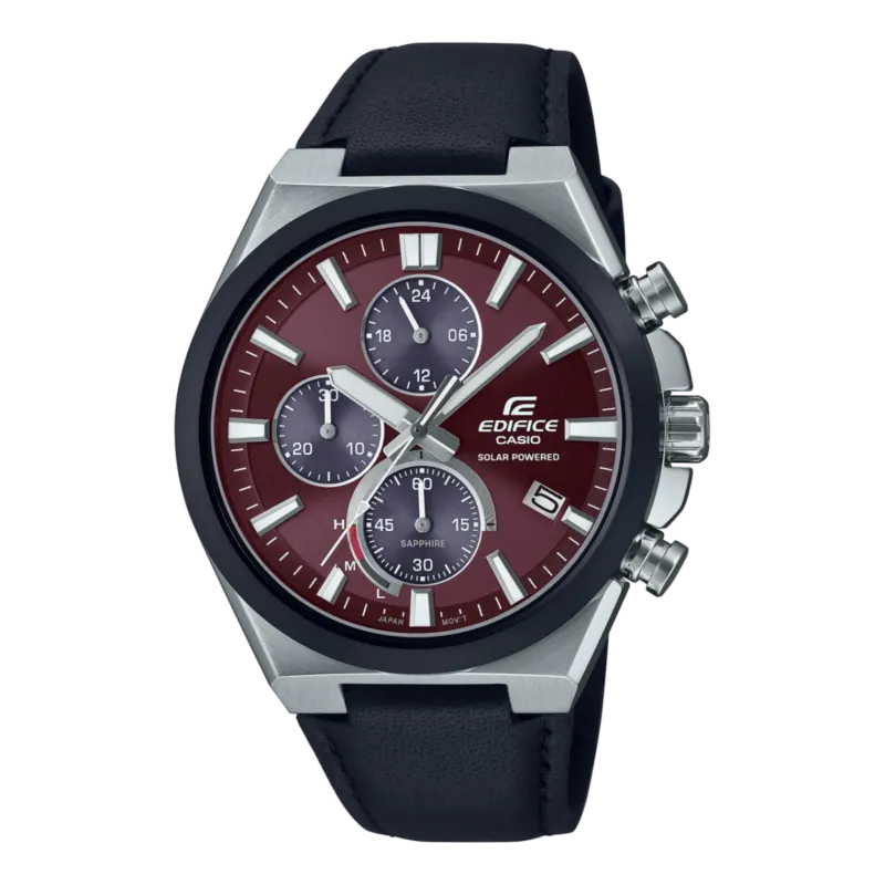 Casio Edifice Herrenuhr mit dunkelrotem Zifferblatt, Chronograph und Lederarmband