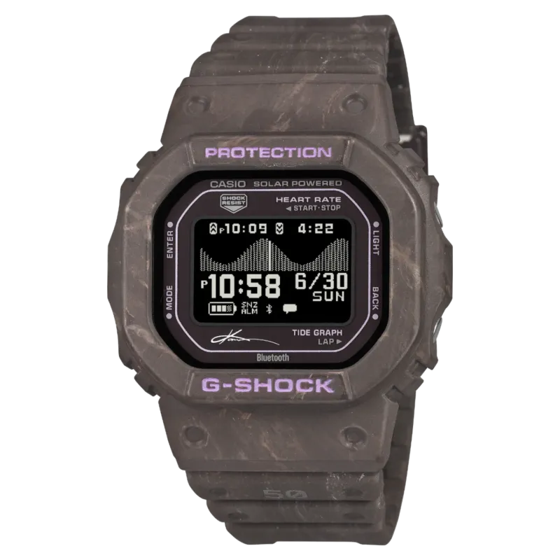 Casio G-Shock Solar-Armbanduhr mit digitalem Display und Schutzrahmen, braunes Harmband