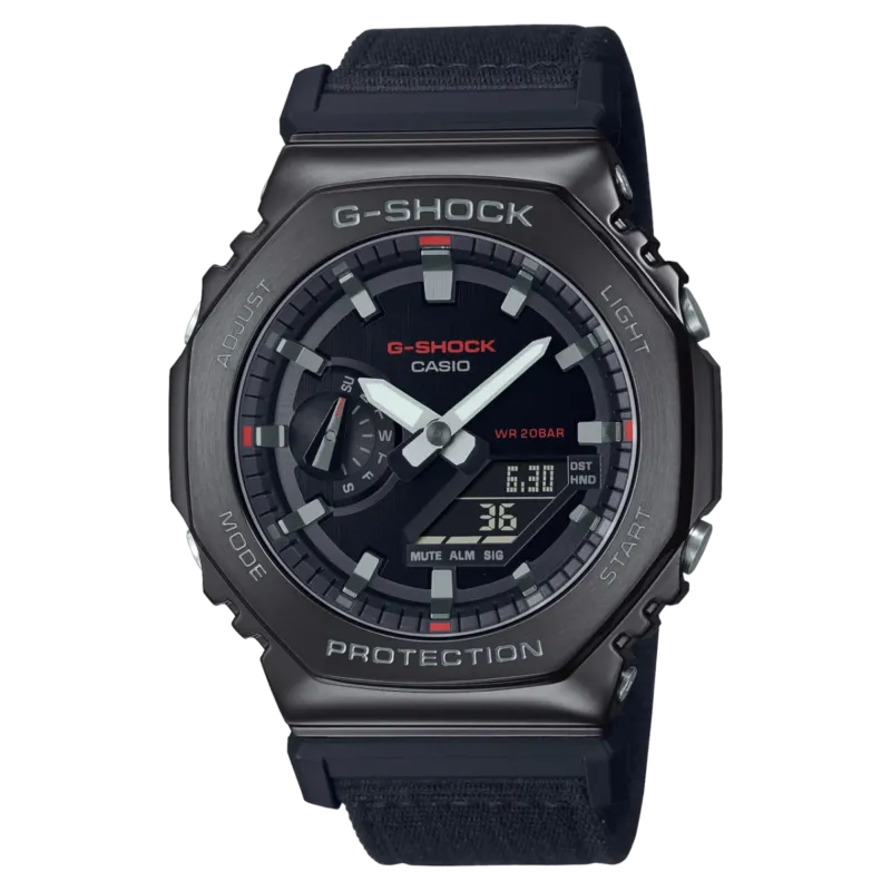 G-Shock Herrenuhr mit schwarzem Gehäuse, analogen & digitalen Anzeigen und Stoffarmband