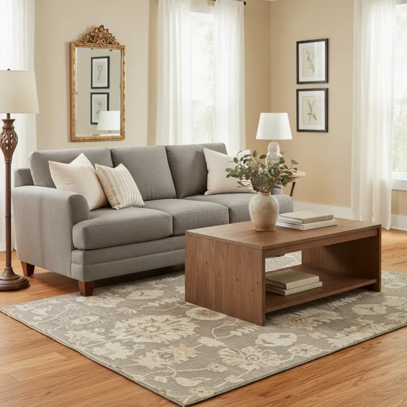 Traditional Persian floral botanical area rug in taupe, grey, cream and sage green tones with intricate all-over pattern styled in a family room under a coffee table and grey sofa — classic elegant design