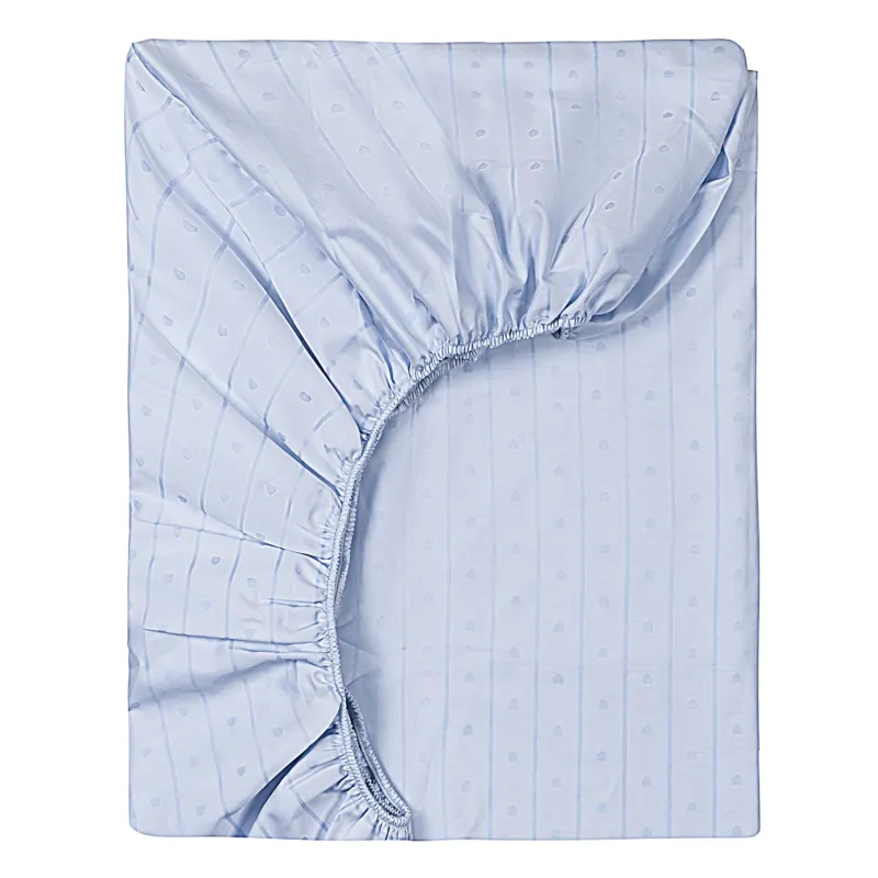 Home Treasures Little Hearts powder blue fitted crib sheet with dotted stripe pattern, folded flat.