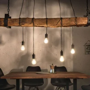 BARRACUDA Industrial Hängelampe 152cm recyceltes Massivholz mit 5 Leuchten
