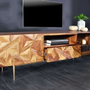 ALPINE Massives TV-Board 160cm Sheesham stone finish Metall matt gold