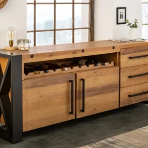 THOR Massives Sideboard 193cm recyceltes Pinienholz Industrial Design mit Flaschenhalterung