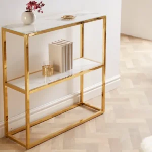 Eleganter Konsolentisch BOUTIQUE 80cm weiß Kristallglas mit Marmor-Dekor mit zwei Ablagen