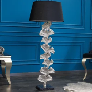 GINKGO Design Stehlampe 122cm schwarz Stoffschirm silber Metall handmade Marmor-Fuß