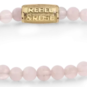 Rosenquarz-Armband mit hellrosa Perlen und Edelstahlverschluss, Rebel&Rose Schriftzug