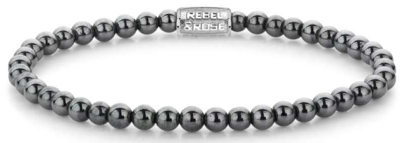 Armband mit runden Hämatit-Perlen (4 mm) und Edelstahlgliederkette, Rebel&Rose Anhänger