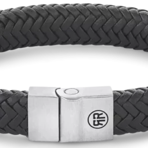Schwarzes geflochtenes Lederarmband mit Edelstahlverschluss