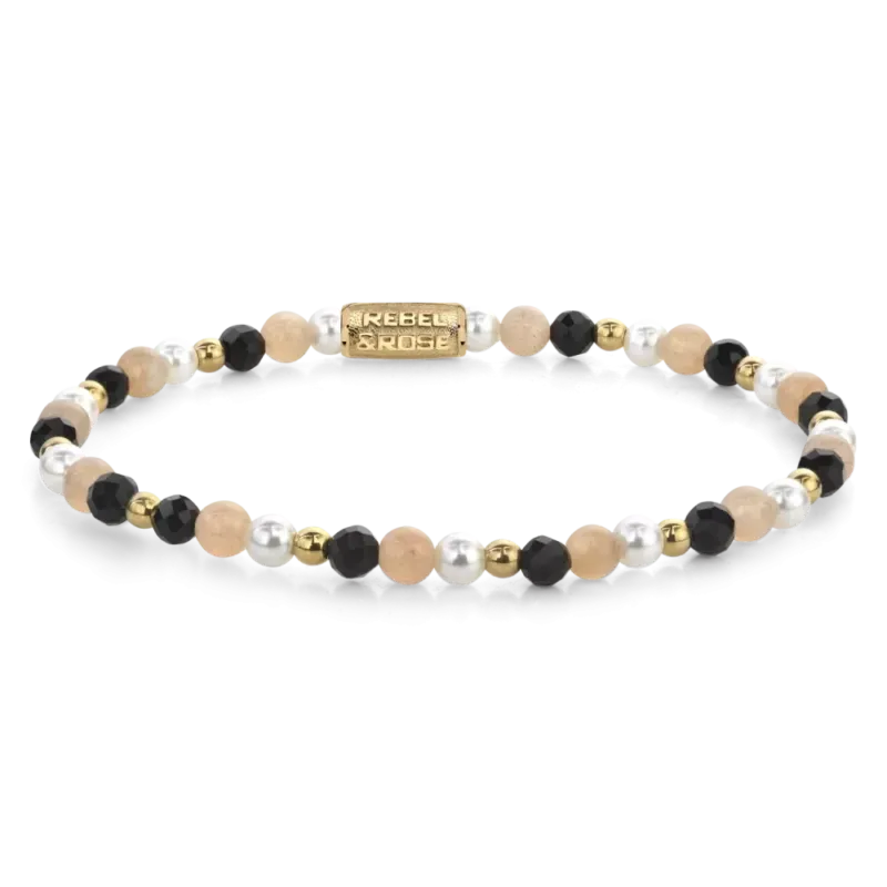 Perlenarmband mit schwarzen facettierten Steinen, beigen Perlen und goldfarbenen Spacer-Elementen