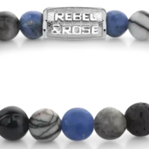Armband mit runden Steinen in Blau, Grau und Schwarz und Metallverschluss.