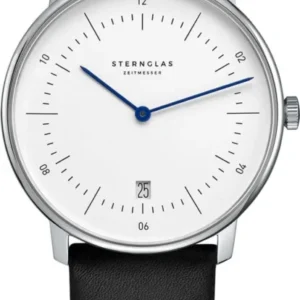 Herrenarmbanduhr Sternglas Naos: weißes Zifferblatt, blauer Zeiger, schwarzes Lederband