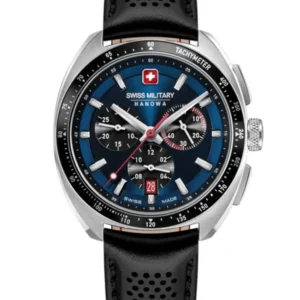 Swiss Military Hanowa Herren-Chronographenuhr mit blau-schwarzem Zifferblatt und schwarzem Lederband
