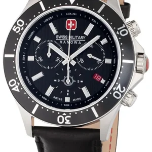 Herrenarmbanduhr mit Chronograph, schwarzem Zifferblatt und schwarzem Lederband
