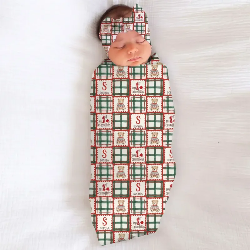 Custom Name Teddy Bear Gingham My 1st Christmas Bamboo Swaddle Blanket