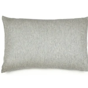 The Libeco Workshop Stripe Lumbar Sham features a light gray 100% linen cover with thin, dark gray vertical stripes, shown on a white background.